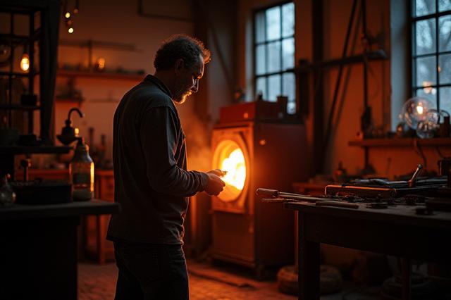Interiør fra glassblåserverksted med glødende glass og verktøy