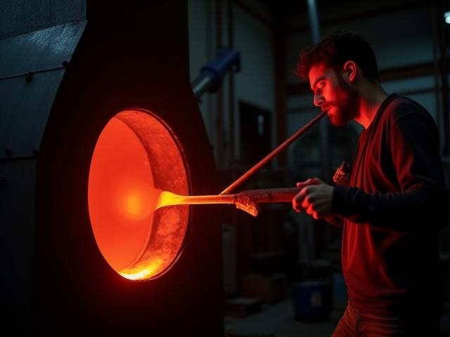 Deltakere former smeltet glass med blåsestang